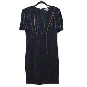 Styleworks Vintage Sheath Dress Black Beaded Embellished Silk Evening 12